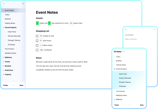 a preview of the the app, showing three different screens. A desktop sized view showing a list of many notes, and one selected called 'Event Notes'. The note itself shows some notes and a checklist. The other two screens are smaller, mobile sized screens: one an empty note, and the other a list of notes and folders.